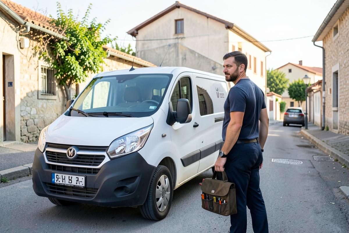 Tehnician cu geanta de scule lângă mașina de service, pe o stradă din oraș